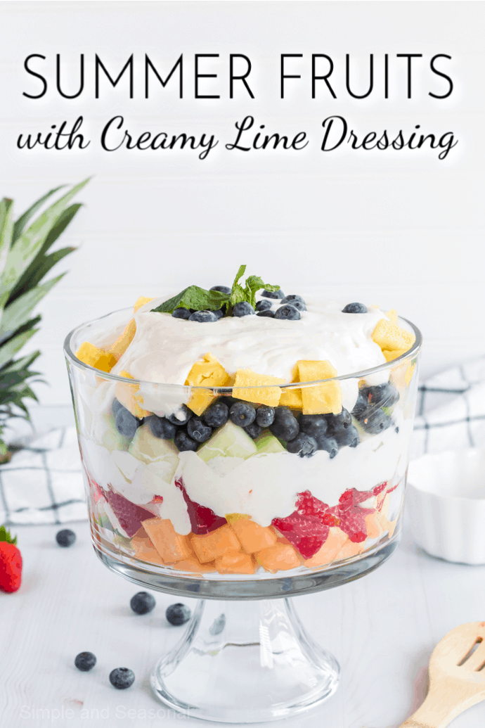 Feed a crowd with this simple summer fruit salad with creamy lime dressing. Tangy and sweet, it pairs perfectly with all kinds of summer fruits! via @nmburk