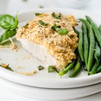closeup showing interior of cooked Parmesan Crusted Chicken