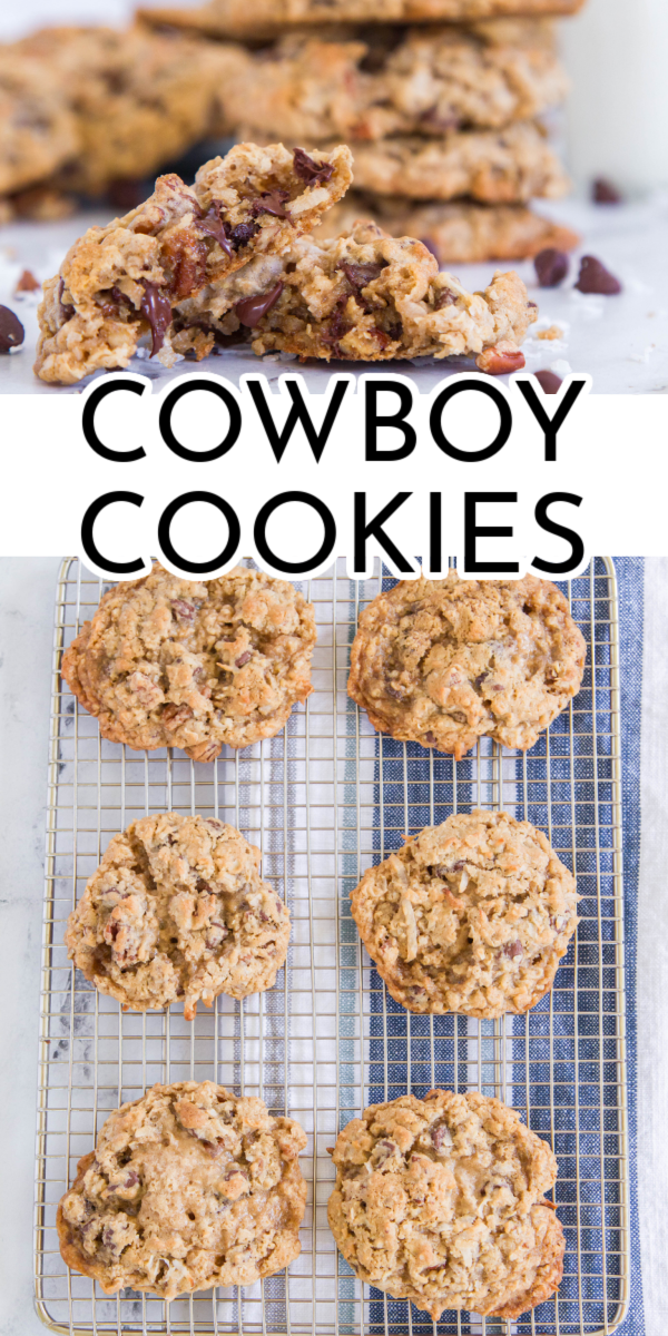 These hearty cowboy cookies are stuffed full of chocolate, pecans and so much goodness! The yield is at least 5 dozen-perfect for sharing. via @nmburk