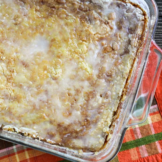 whole pan of dump cake with crackled glaze on top