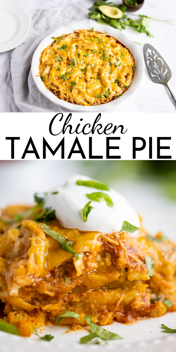 A sweet corn cake topped with enchilada sauce, chicken and cheese, Chicken Tamale Pie is a family favorite! via @nmburk
