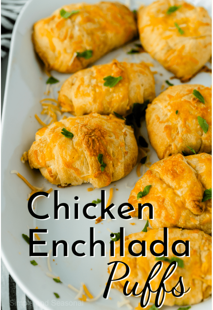 white baking pan filled with cooked chicken enchilada puffs