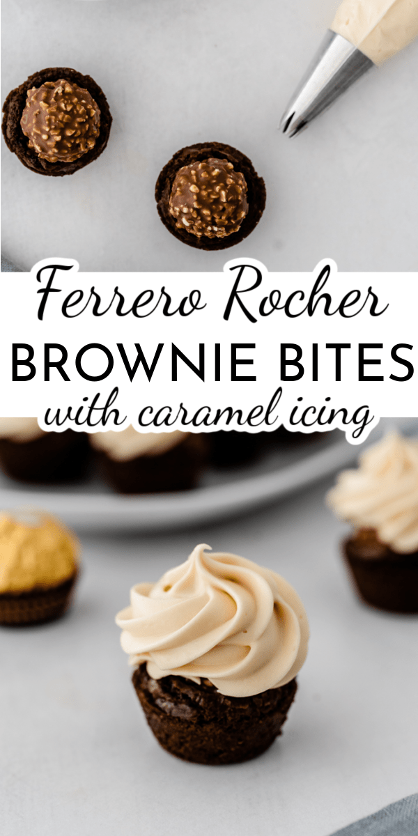 Ferrero Rocher Brownie Bites are the luxury version of brownies. The crunchy hazelnut candy in the middle of each bite adds decadence that is topped off with homemade caramel icing! via @nmburk