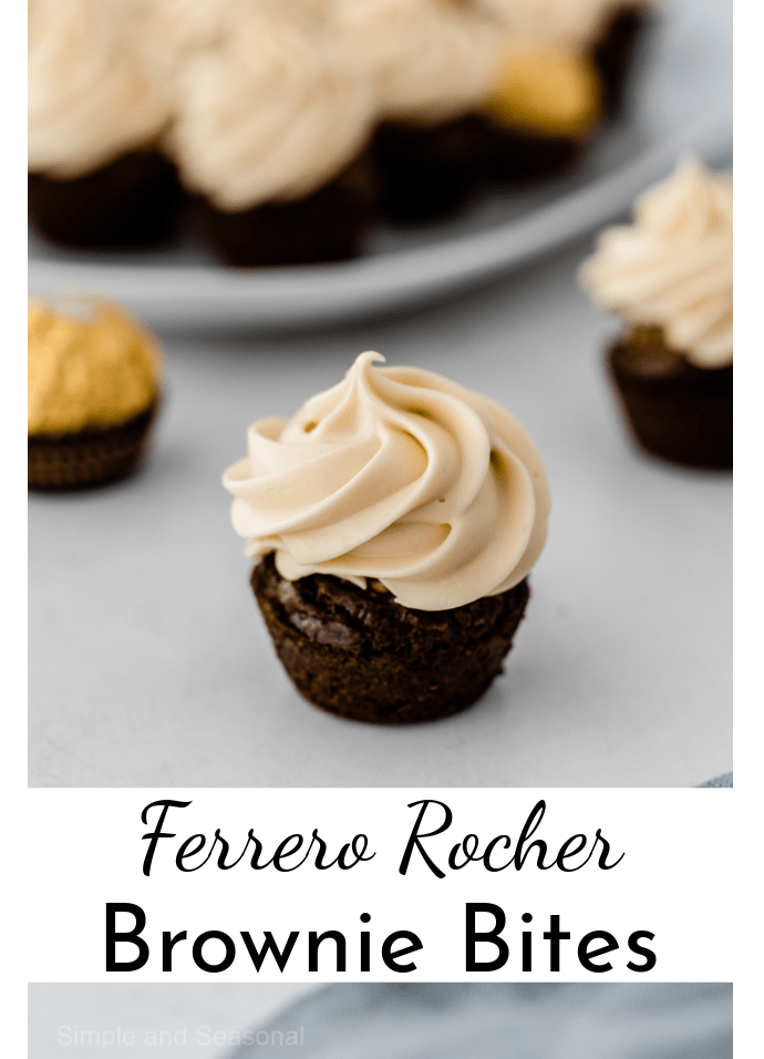 brownie bite with frosting in front of a plate of brownies; text label reads Ferrero Rocher Brownie Bites