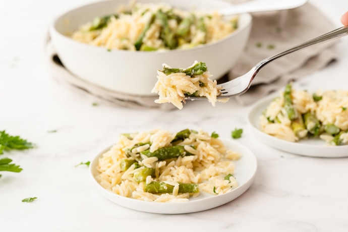 forkful of orzo with an asparagus spear and plate and bowl in the background