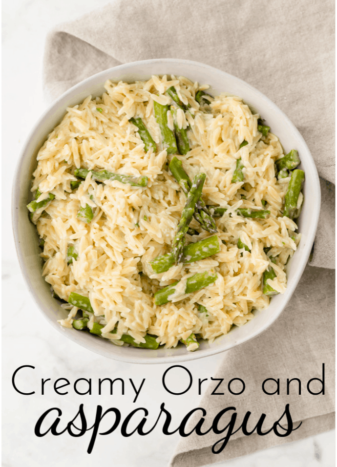 An easy side dish that comes together in minutes, Creamy Orzo and Asparagus is the perfect addition to dinner this spring! via @nmburk