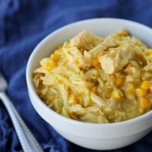 This Cheesy Chicken and Rice is made in the slow cooker and makes fantastic leftovers for lunch the next day!