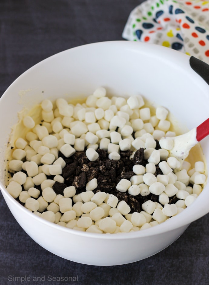 marshmallows and crushed oreos in a large bowl