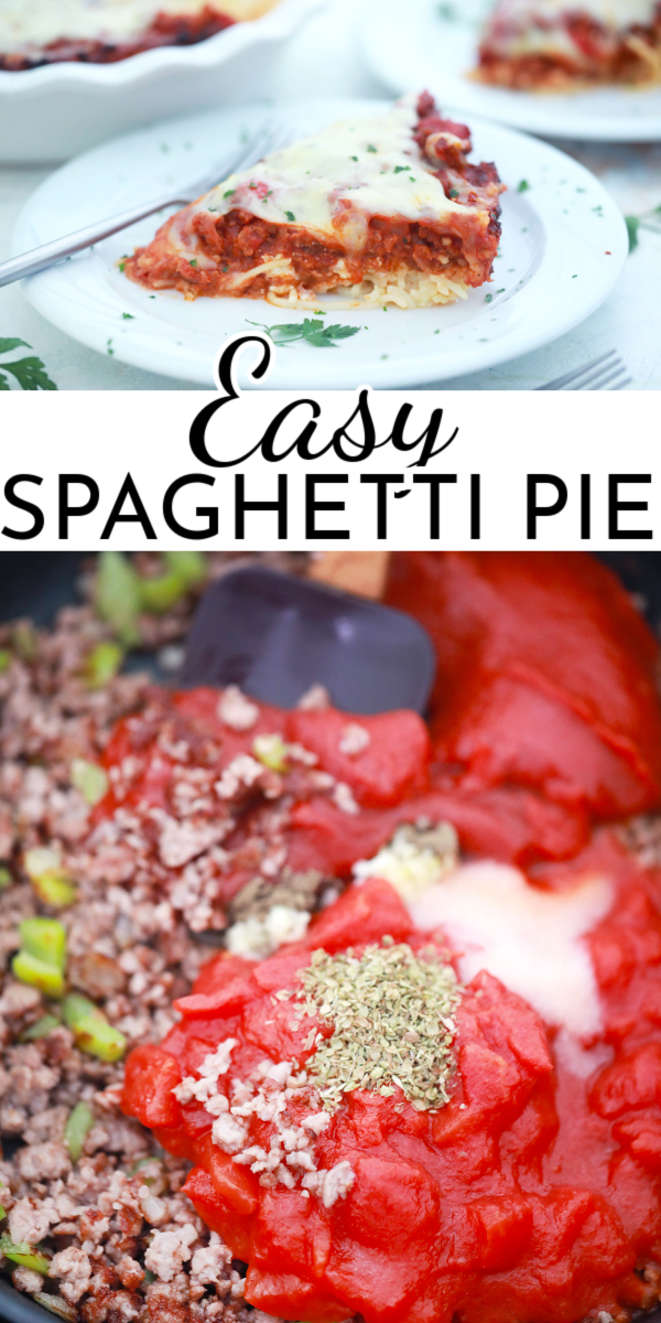 Change up spaghetti night with this easy Spaghetti Pie stuffed with layers of cheese and meat sauce. It's a great way to sneak in those extra veggies, too! via @nmburk