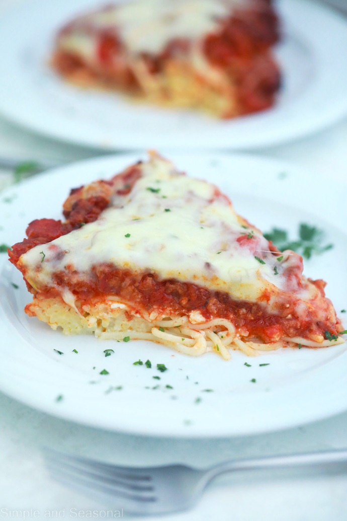 slice of spaghetti pie on a plate