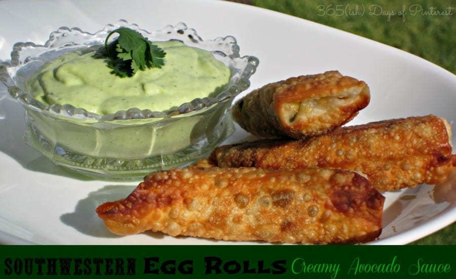 southwestern eggrolls with creamy avocado sauce on a white plate