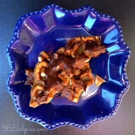 pretzel bark on a blue plate