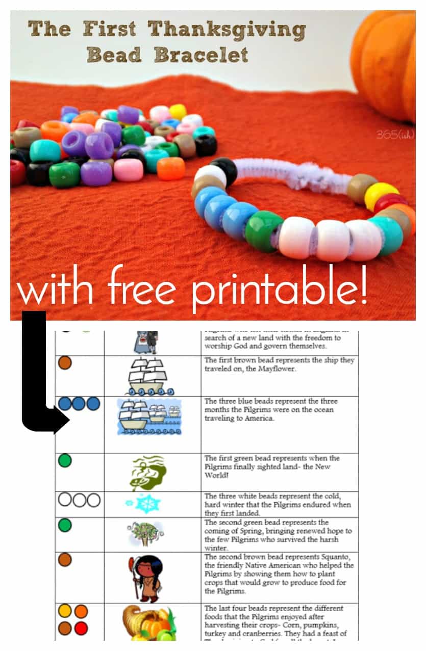 The First Thanksgiving Bead Bracelet is a great way to encourage conversation and reminds us to be thankful during this season of the year. Download the free printable to help kids tell the story! #Thanksgiving #BeadCrafts #KidsCraft #fall #Printable via @nmburk