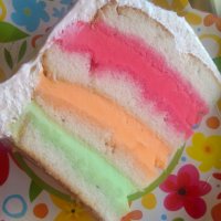 slice of white cake with 3 layers of sherbet