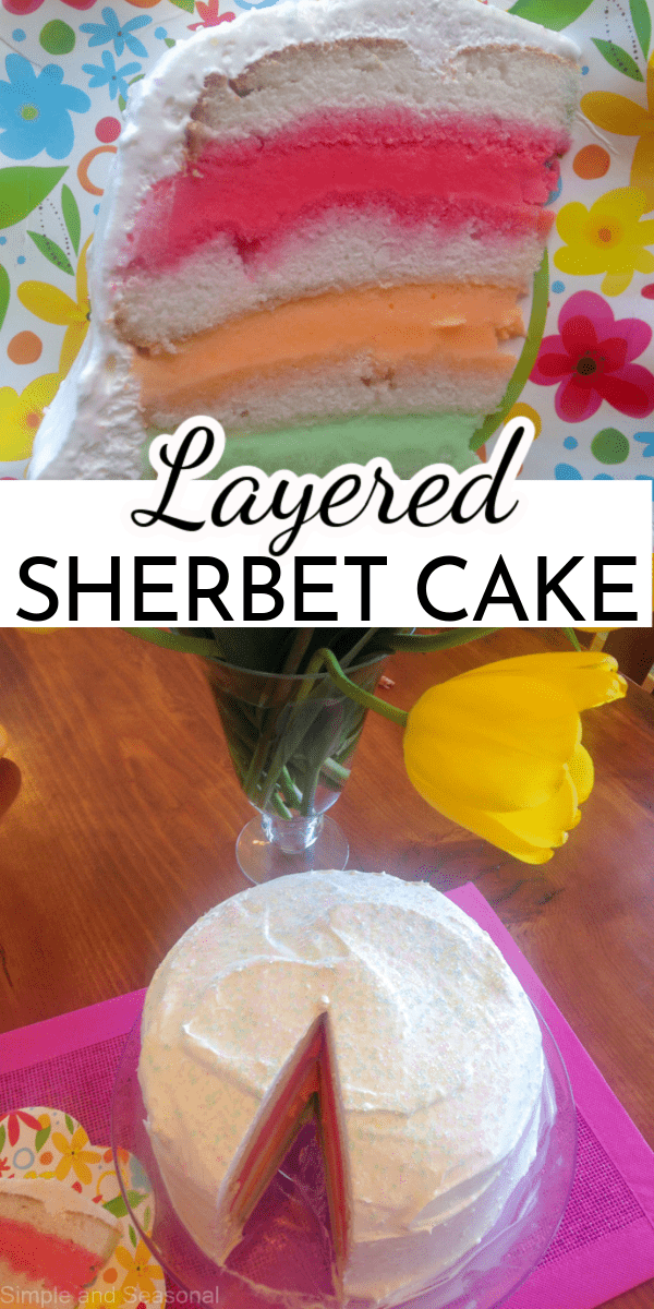 Start with a boxed cake mix and add layers of refreshing sherbet to create a beautiful and easy dessert. Layered Sherbet Cake is perfect for any spring or summer occasion! via @nmburk