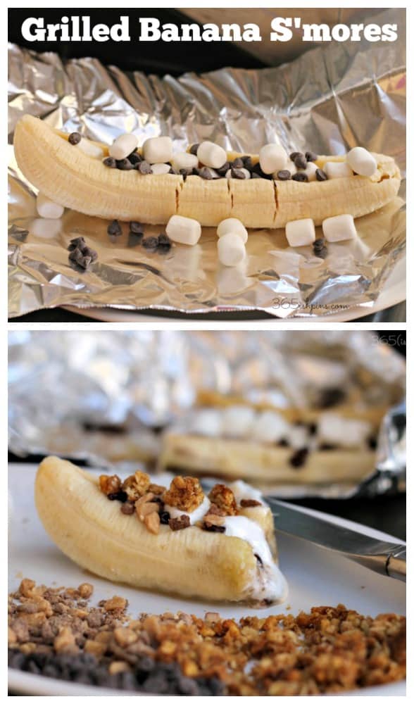 Stuffed with marshmallows and mini chocolate chips, Grilled Banana S'mores are a perfect outdoor dessert! Whether camping or cooking out, they'll round out your outdoor menu perfectly.  via @nmburk