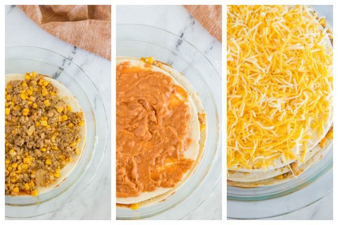 collage of images showing layers being added to the Mexican Pie