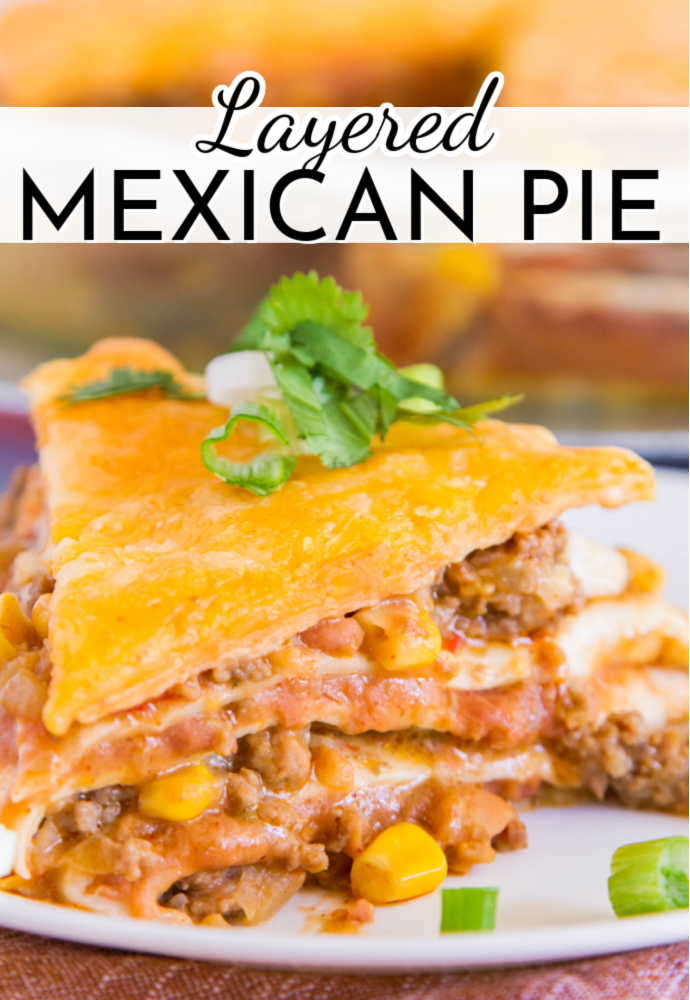 closeup of a slice of layered Mexican Pie