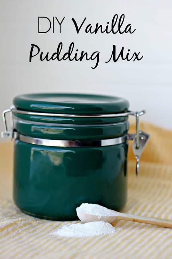 DIY vanilla pudding mix in a green canister