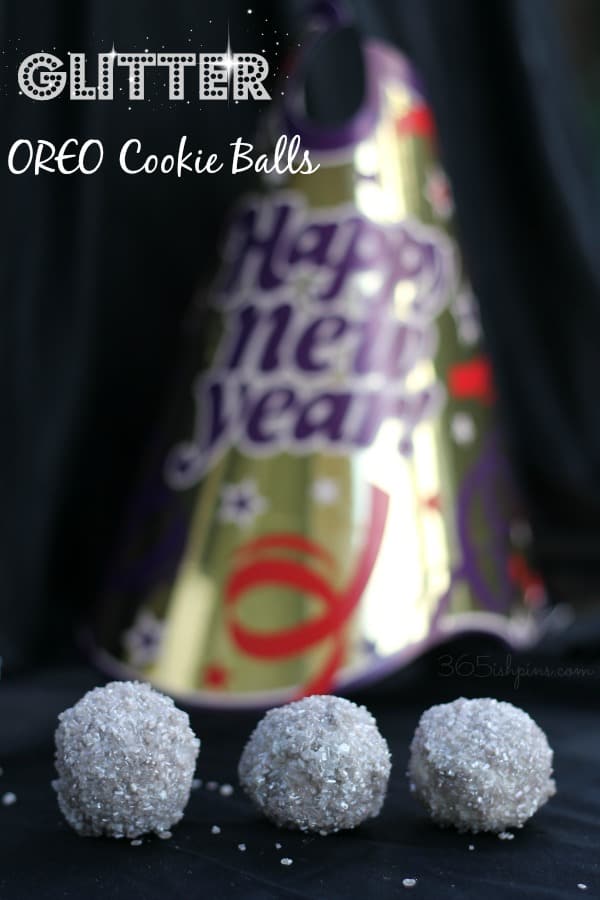 glitter oreo cookie balls with a party hat in the background