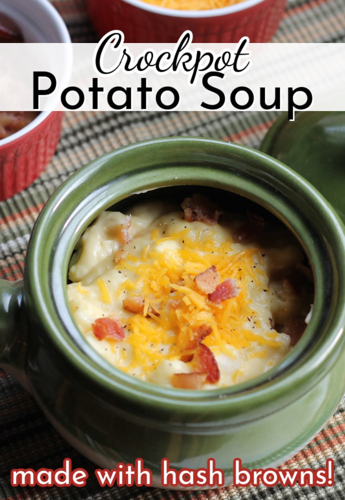 green soup crock filled with cheesy potato soup topped with bacon