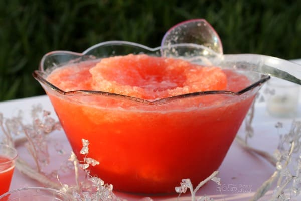 partially frozen red wedding punch in a punch bowl