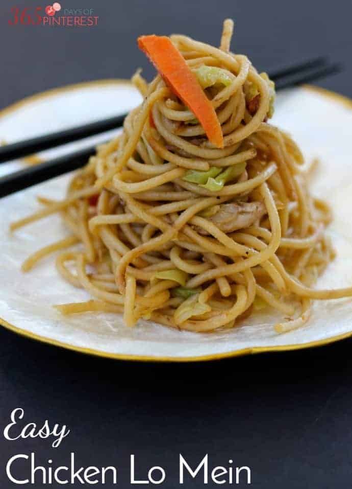 noodles and veggies piled up on a plate with chopsticks; text label reads: easy chicken lo mein