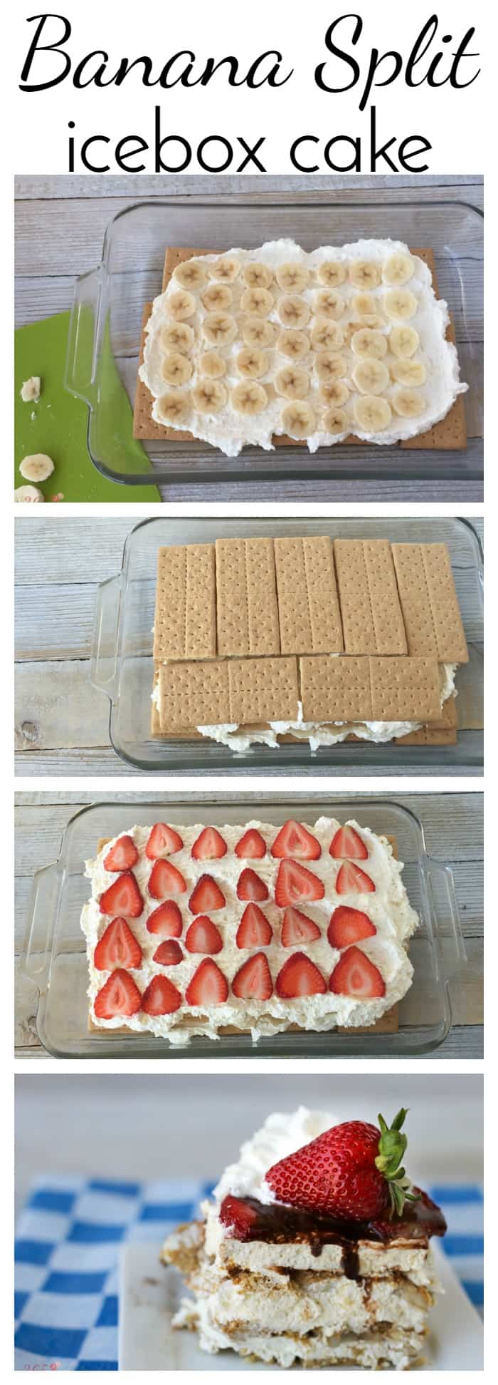 The classic banana split flavors of strawberry, banana and pineapple take center stage in this easy no bake dessert. Banana Split Icebox Cake is perfect for summer BBQ's and picnics! via @nmburk
