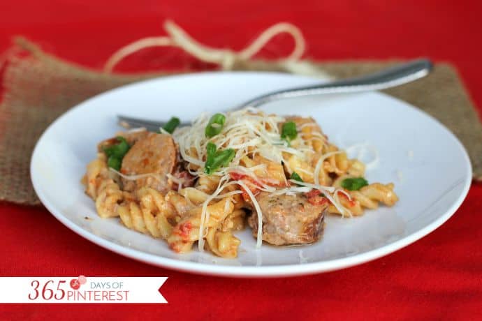 Italian Sausage one dish meal on a plate with a fork