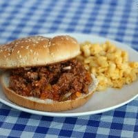 plate with sloppy joes and macaroni and cheese