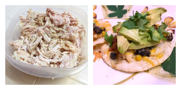 shredded turkey on the left; crispy tostada shell with turkey and other toppings on the right