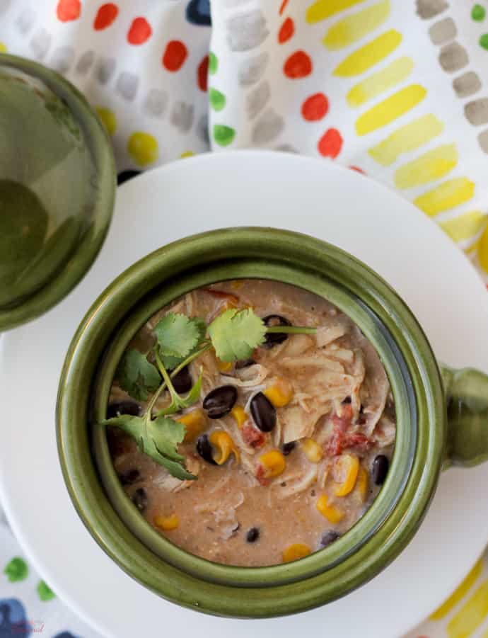 top down view of bowl of chicken fiesta soup with topped with fresh cilantro