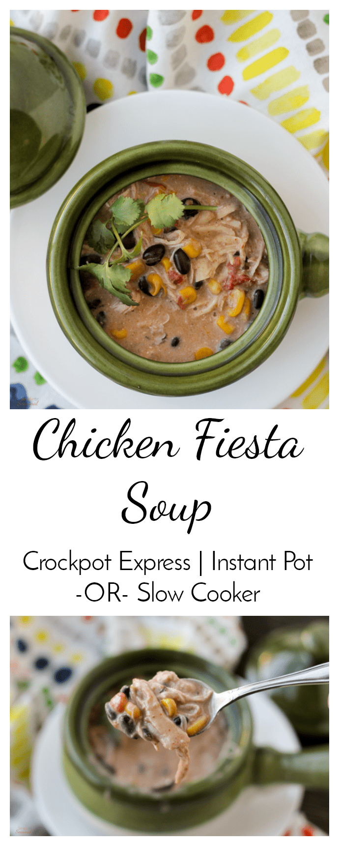 Chicken Fiesta Soup is easy to make and full of delicious flavors! It's a family favorite that can be made in the slow cooker or the pressure cooker. #InstantPot #CrockpotExpress #PressureCooking #Chicken via @nmburk