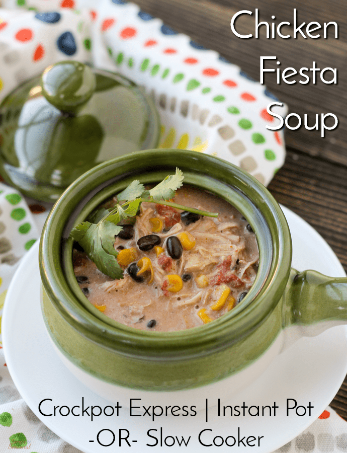 bowl of soup on a table with a colorful napkin; text overlay reads Chicken Fiesta Soup.