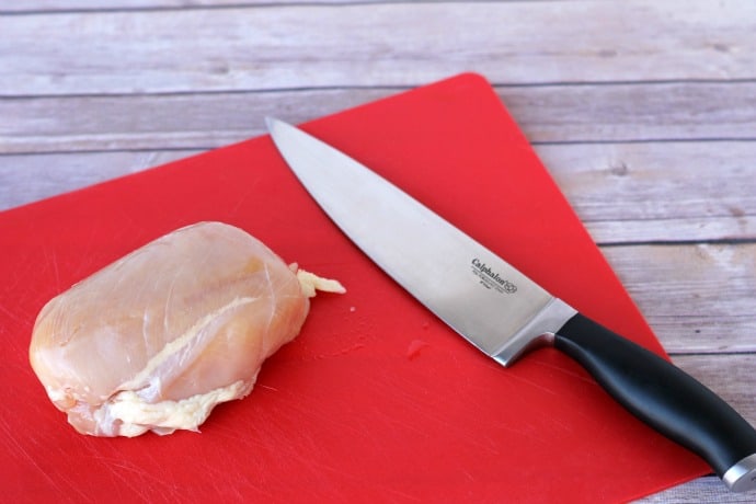 calphalon chef knife and raw chicken breast