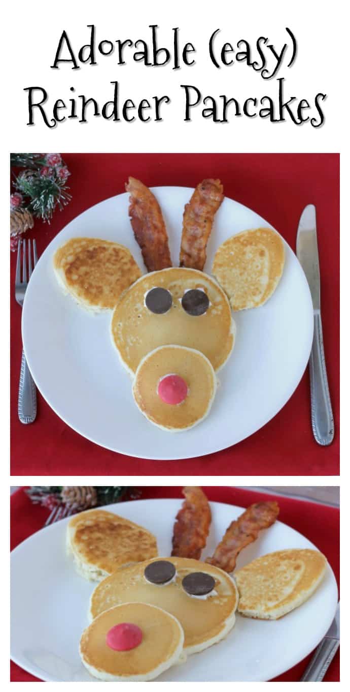 Make these cute Reindeer Pancakes for Christmas breakfast this year! No need to head to a restaurant-they are easy to make at home! #Christmas #EasyRecipe #Reindeer #ChristmasBreakfast #Pancakes via @nmburk