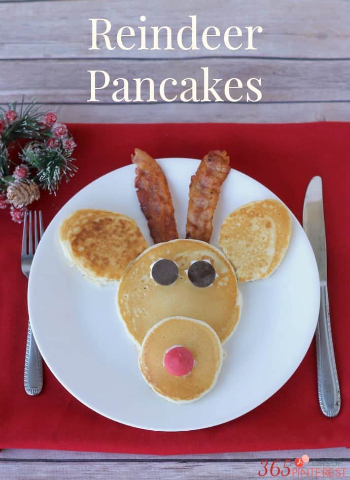 reindeer pancakes on a white plate with red placemat 