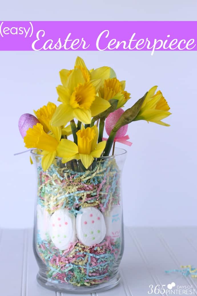 Add a fun pop of color to your table with this easy Easter centerpiece. It doesn't need any special tools or supplies and is done in minutes! via @nmburk