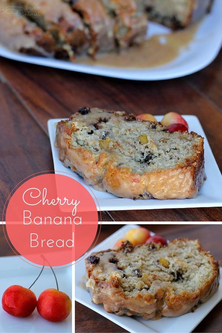 collage image of cherries and banana bread slices