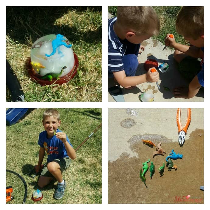 collage image of boys breaking toy dinosaurs out of ice 