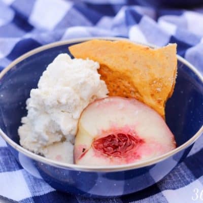 The airy, crunchy texture of honeycomb candy pairs so well with creamy vanilla ice cream and roasted white peaches drenched in their own sweet juices.