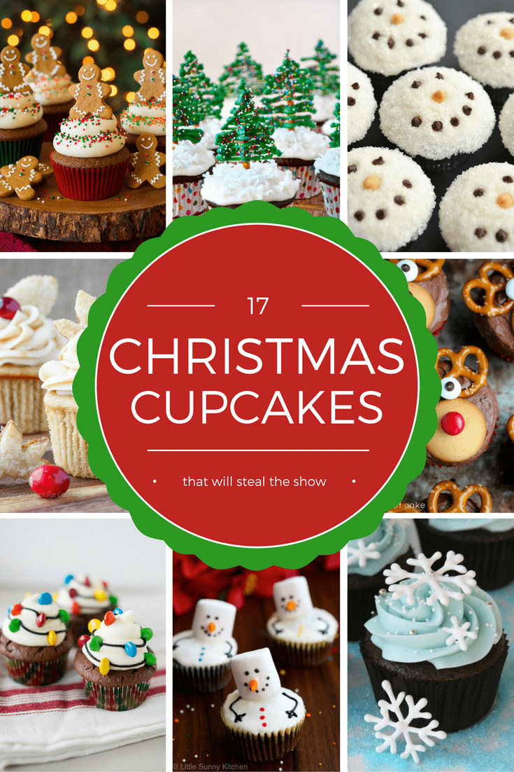 collage image of 17 christmas cupcakes