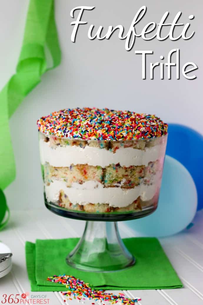 Funfetti Trifle is made with layers of delicious vanilla cake, creamy pudding filling and fun rainbow sprinkles- perfect for birthdays! via @nmburk