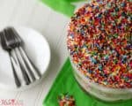Funfetti Trifle is made with layers of delicious vanilla cake, creamy pudding filling and fun rainbow sprinkles- perfect for birthdays!