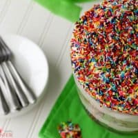 Funfetti Trifle is made with layers of delicious vanilla cake, creamy pudding filling and fun rainbow sprinkles- perfect for birthdays!