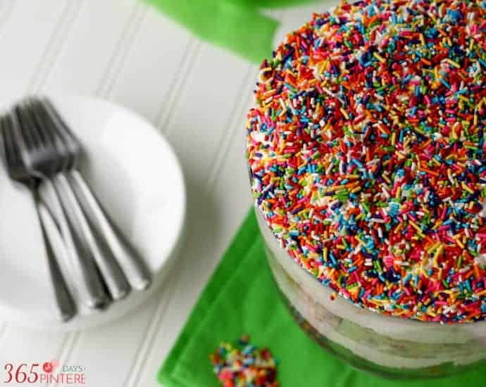 Funfetti Trifle is made with layers of delicious vanilla cake, creamy pudding filling and fun rainbow sprinkles- perfect for birthdays!