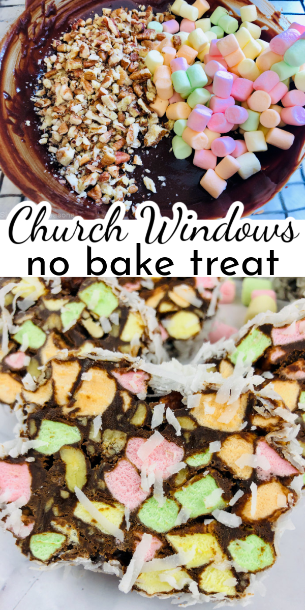 Dress up the dessert table or cookie exchange with this colorful treat! Church Windows are a traditional colorful treat made with chocolate, marshmallows and nuts.  via @nmburk