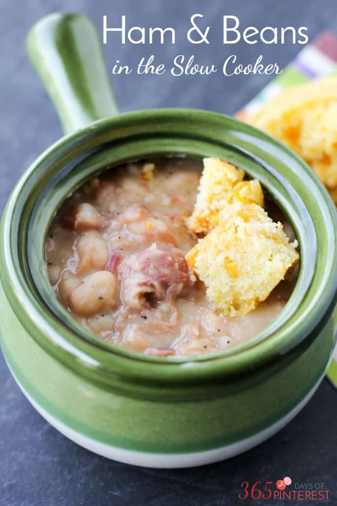 Ham and Beans is a hearty and inexpensive comfort food, perfect for using up leftover ham! Add cornbread and you've got a delicious meal. via @nmburk