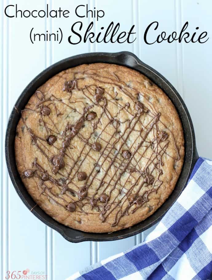 top down view of baked cookie; text reads Chocolate Chip mini skillet cookie
