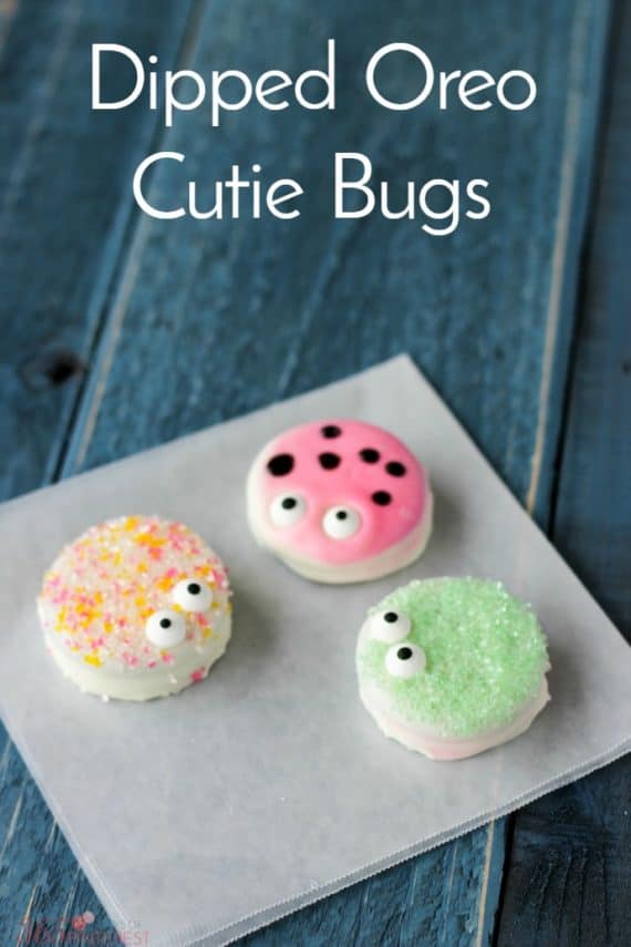 dipped oreo bugs decorated with sprinkles and candy eyes